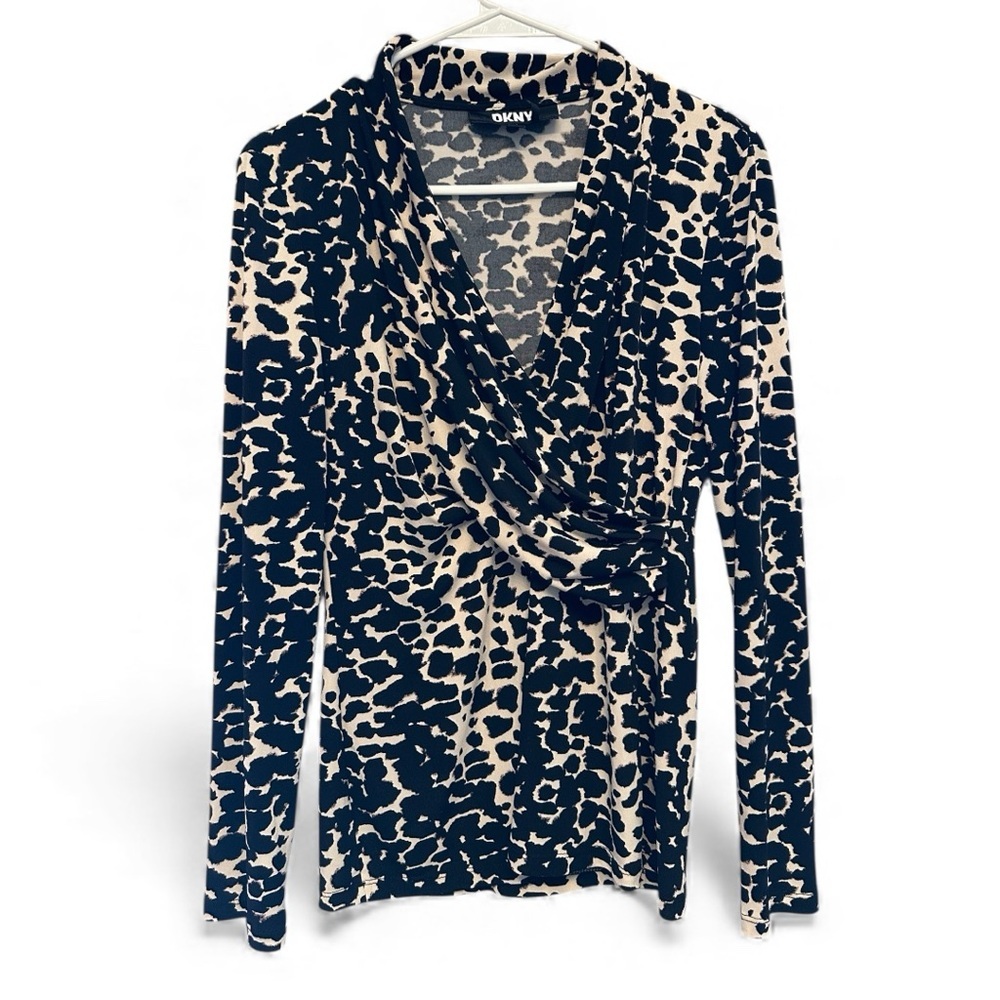 DKNY Black and Cream Animal Print Patterned Top Size Small